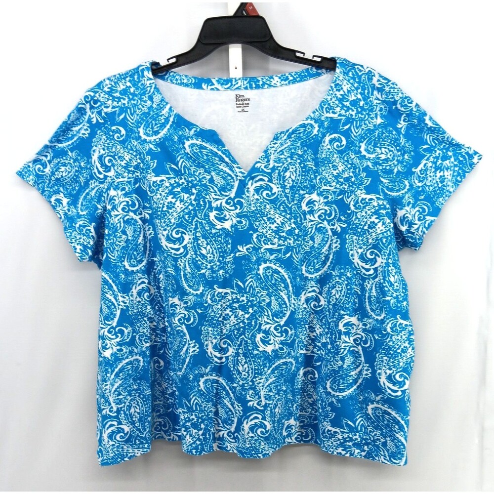 Kim Rogers Perfectly Soft Shirt Women Plus Size 2X Blue Paisley Short Sleeve Top